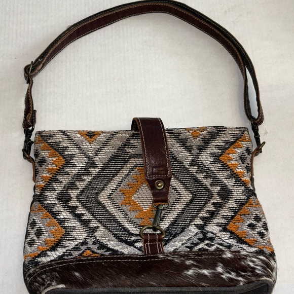 COPY - MYRA BAG..BLACK ORANGE CREME GRAY TWEED COWHIDE CROSSBODY BROWN LEATHER … - Picture 1 of 12
